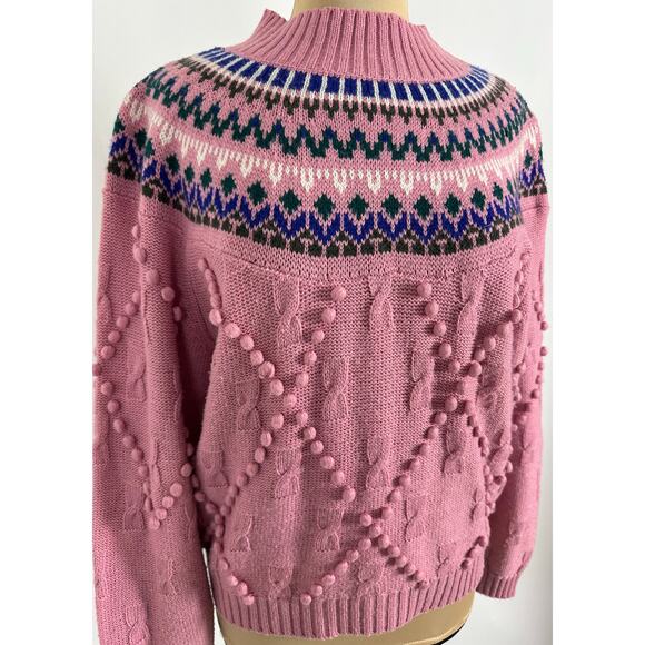 Vintage Cabin Creek Size Medium Fair Isle Crew Neck Sweater Pom Pom Sweater - Picture 6 of 16